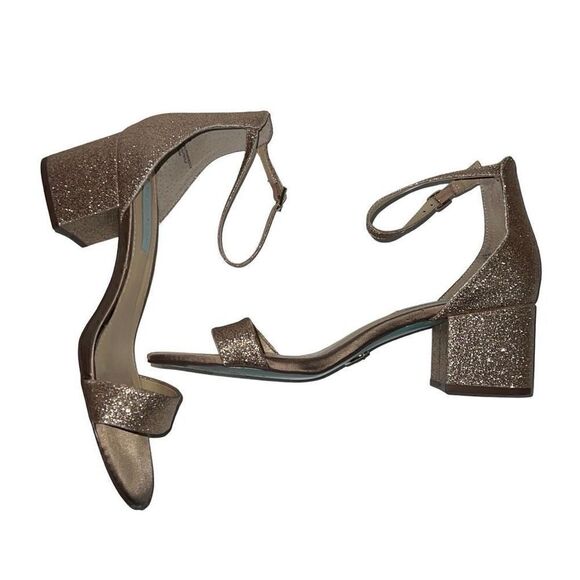 Betsey Johnson Miri Evening Sandals Block Heel Gold Glitter Wedding Event sz 10 - Picture 2 of 9